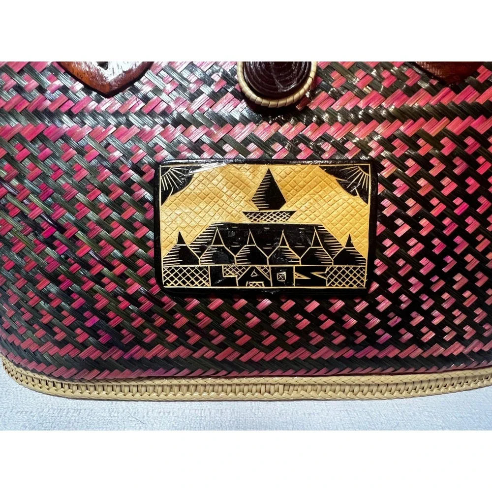 Vintage Laos Handwoven Straw Handbag Pink Black Woven Souvenir Tote Bag